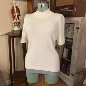 Vintage Minimalist Silk Angora Wool blend Cream Short Sleeve Mock-neck Sweater